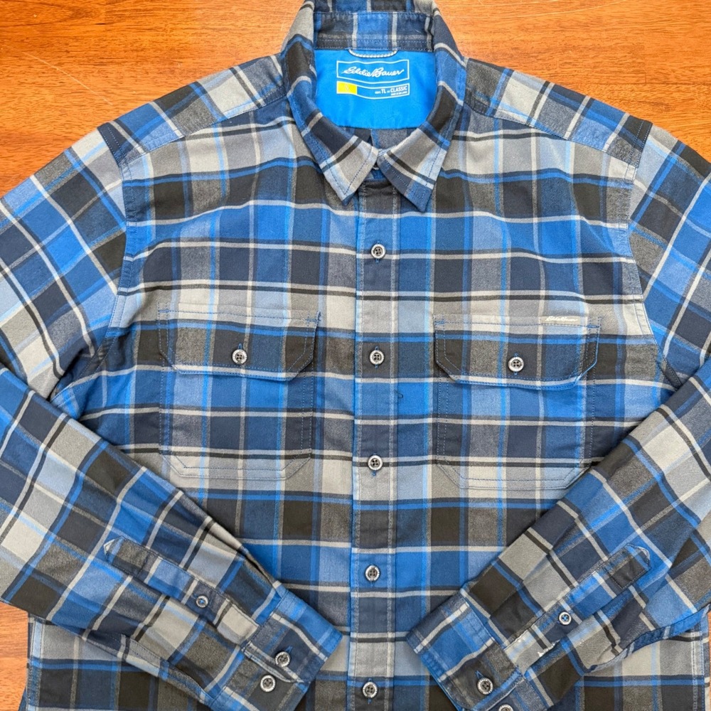 Eddie Bauer Travex Shirt Mens TL Blue Grey Plaid Classic Fit Button Down Hiking - Picture 3 of 10